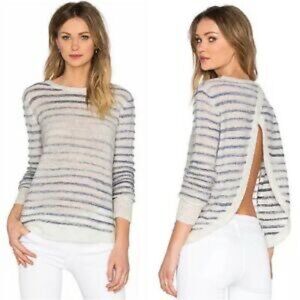 Pam & Gela Women's Cream Blue Striped Knit Open Split Back Sweater Size Small